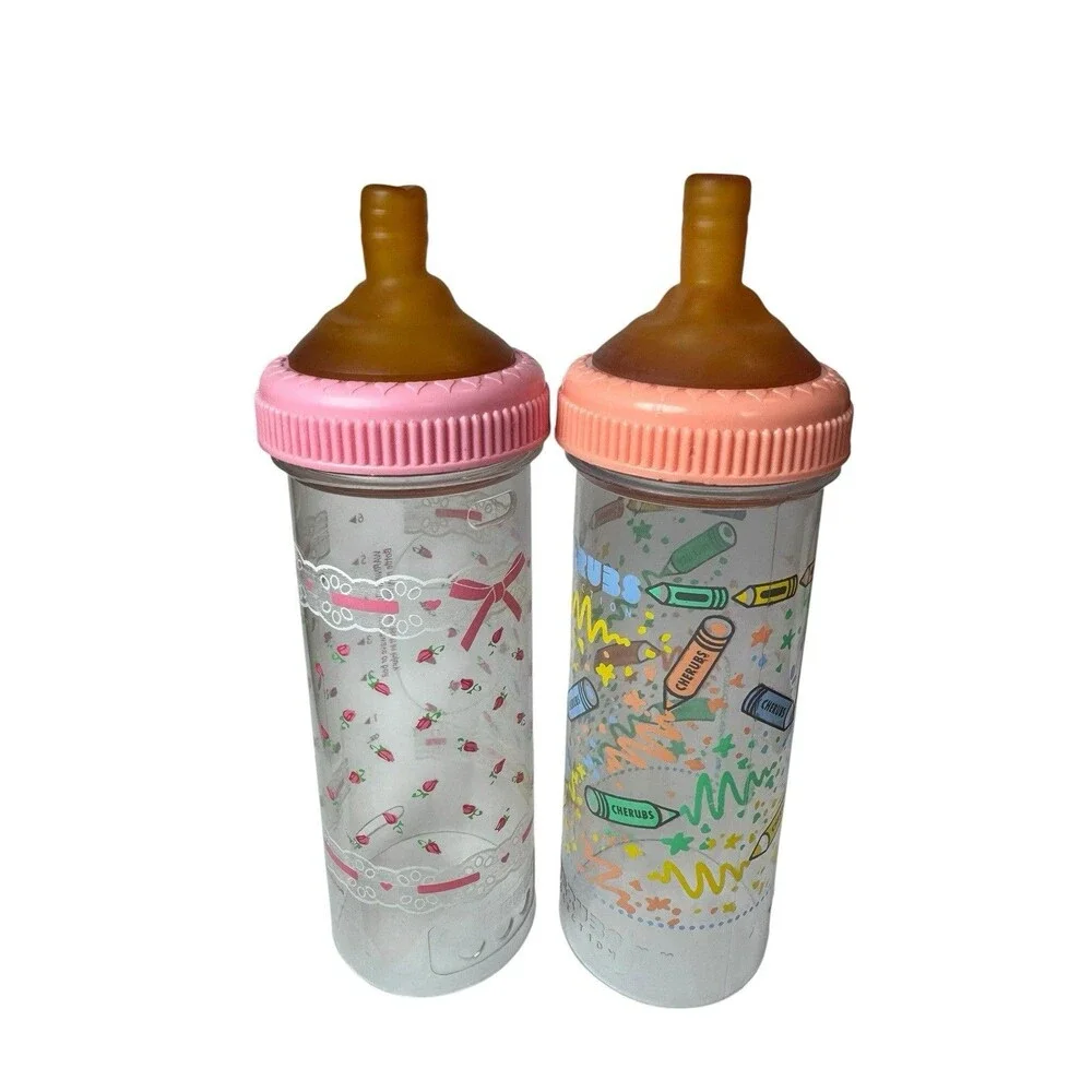 Vintage Cherubs Decorated Nurser Bubble Nipple Drop In 8oz Baby Bottles One Lid